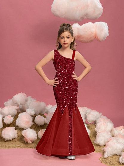 Additional product view of Mesh Insert Mermaid Hem One-Shoulder Sequin Sleeveless Tween Girls' Party Dress