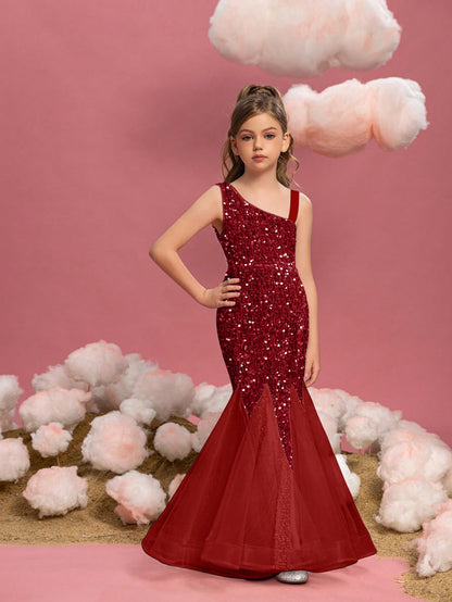 Additional product view of Mesh Insert Mermaid Hem One-Shoulder Sequin Sleeveless Tween Girls' Party Dress