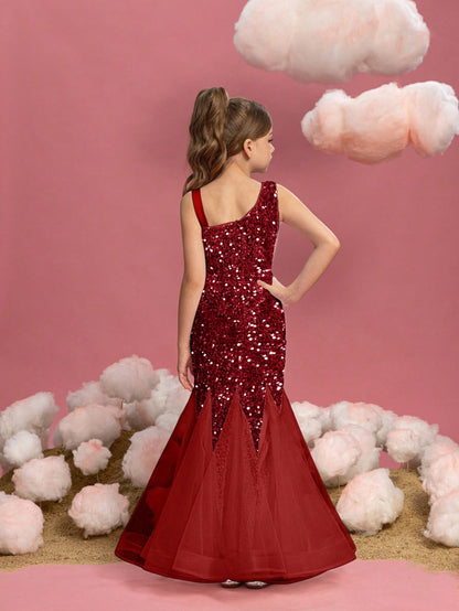 Additional product view of Mesh Insert Mermaid Hem One-Shoulder Sequin Sleeveless Tween Girls' Party Dress