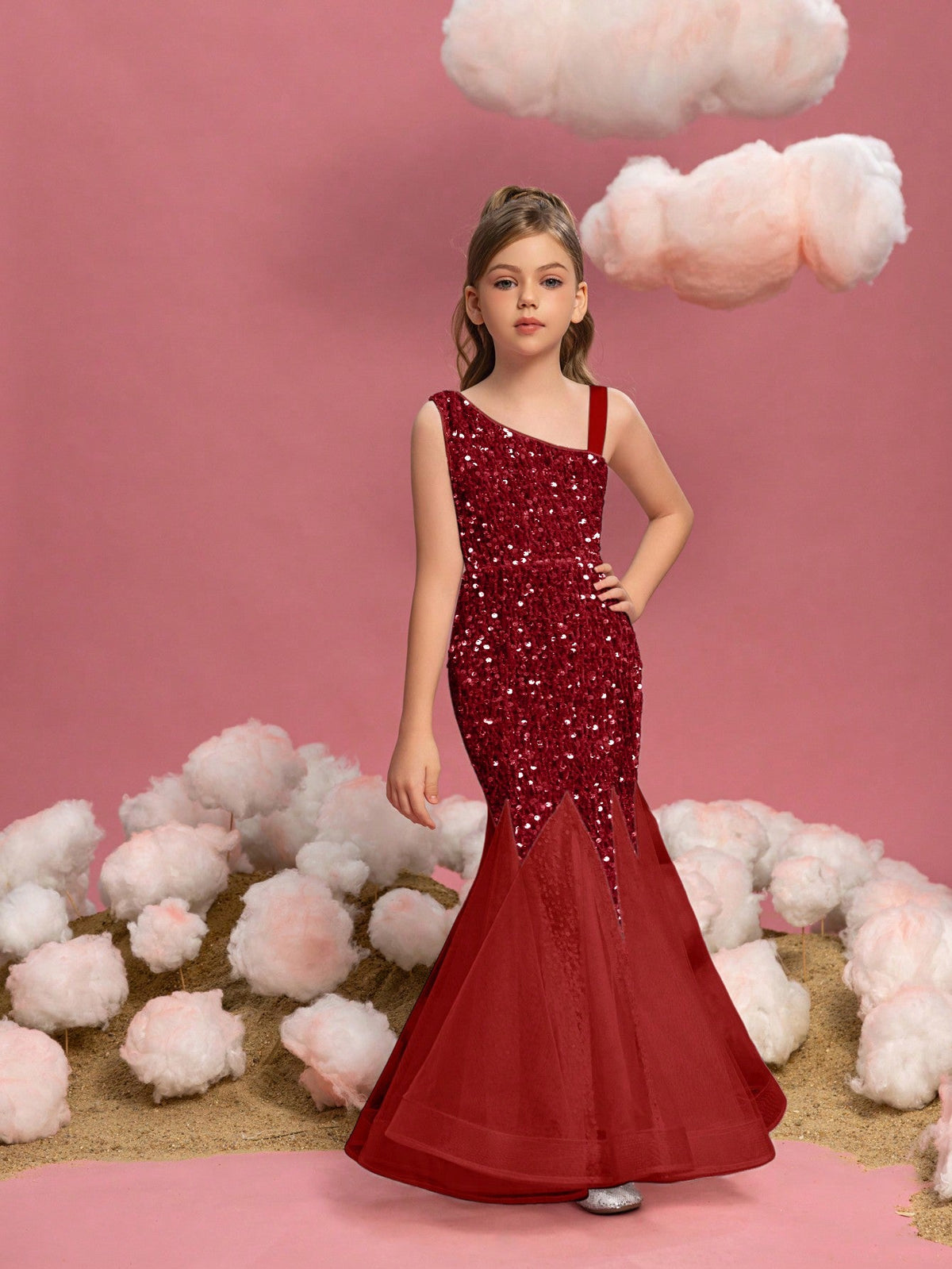 Additional product view of Mesh Insert Mermaid Hem One-Shoulder Sequin Sleeveless Tween Girls' Party Dress