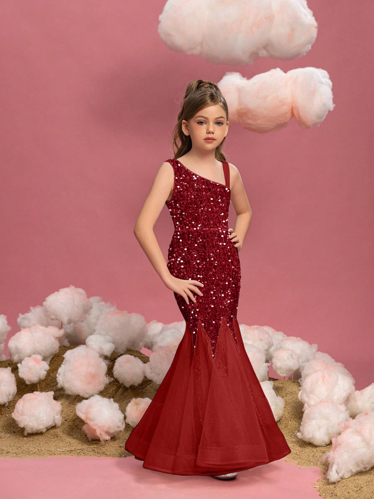 Additional product view of Mesh Insert Mermaid Hem One-Shoulder Sequin Sleeveless Tween Girls' Party Dress