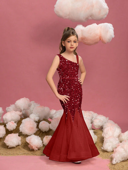 Additional product view of Mesh Insert Mermaid Hem One-Shoulder Sequin Sleeveless Tween Girls' Party Dress