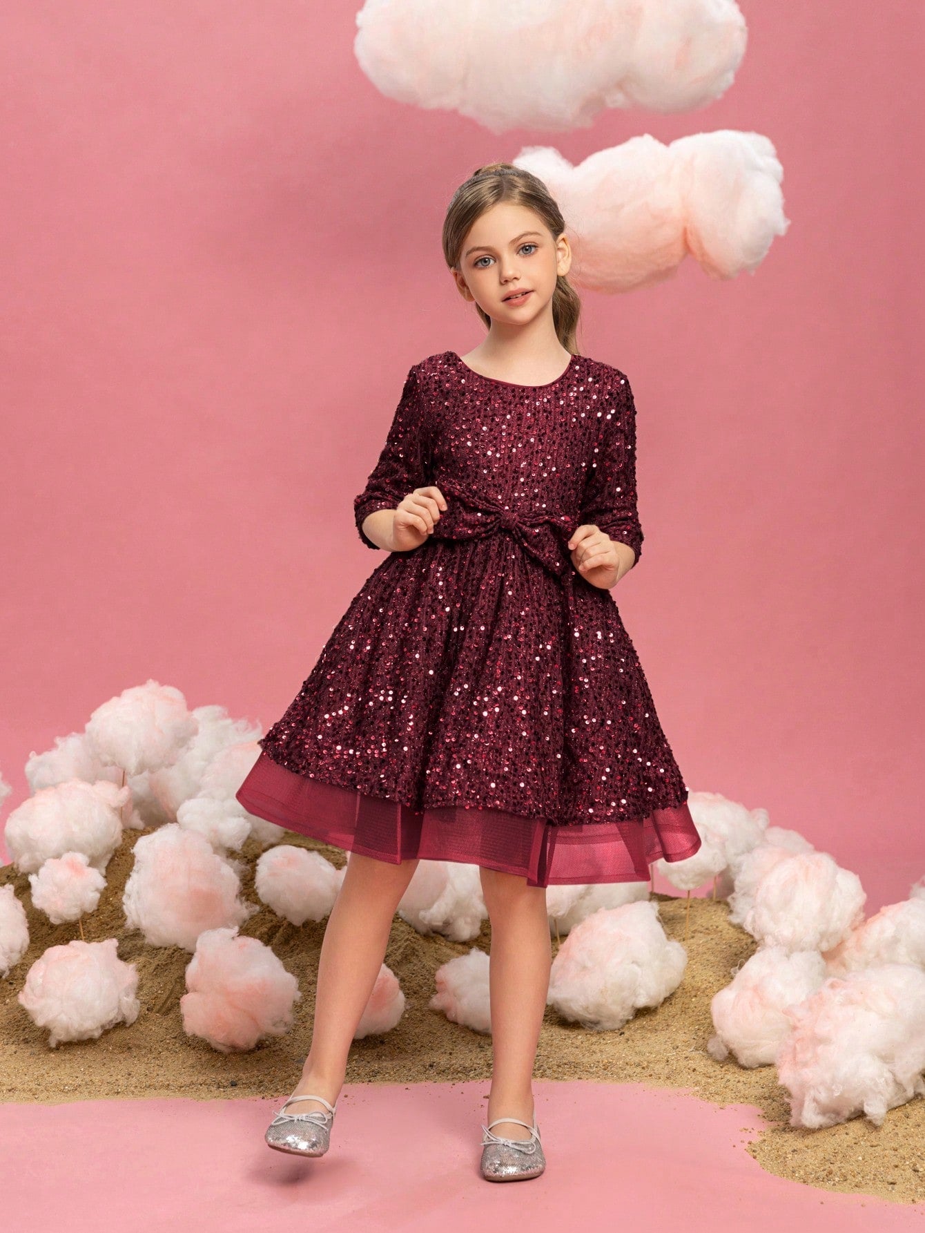 Alternate view of Three-Quarter-Sleeve Bow Detail Sequin A-Line Midi Tween Girls' Party Dress in Burgundy