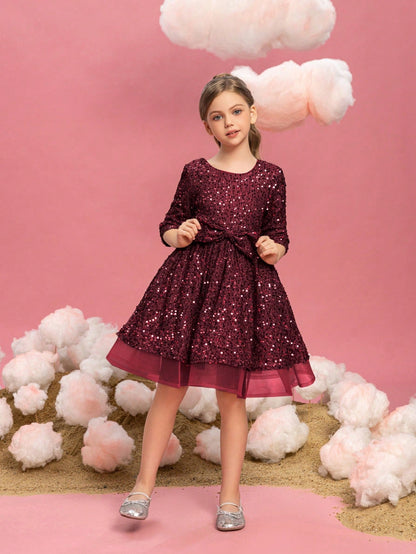 Alternate view of Three-Quarter-Sleeve Bow Detail Sequin A-Line Midi Tween Girls' Party Dress in Burgundy