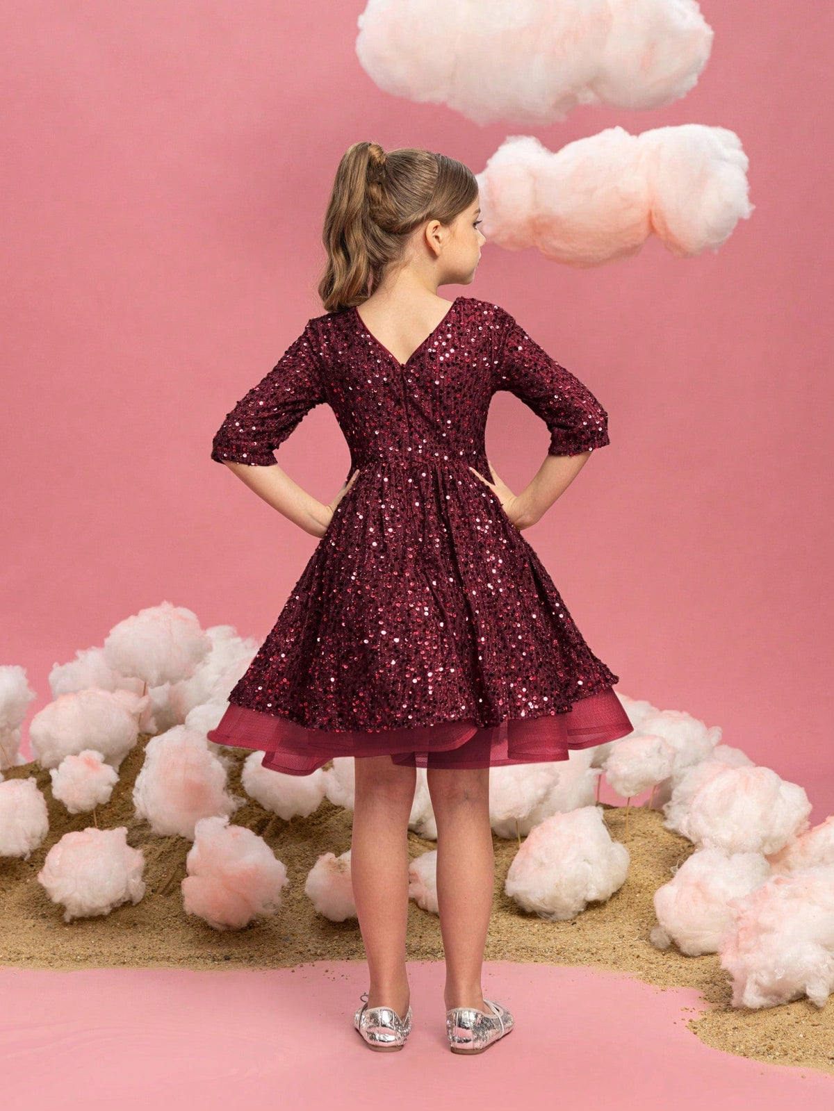 Additional product view of Three-Quarter-Sleeve Bow Detail Sequin A-Line Midi Tween Girls' Party Dress