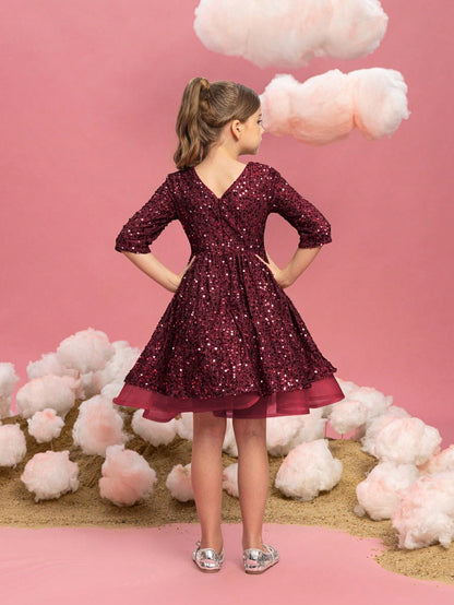 Additional product view of Three-Quarter-Sleeve Bow Detail Sequin A-Line Midi Tween Girls' Party Dress