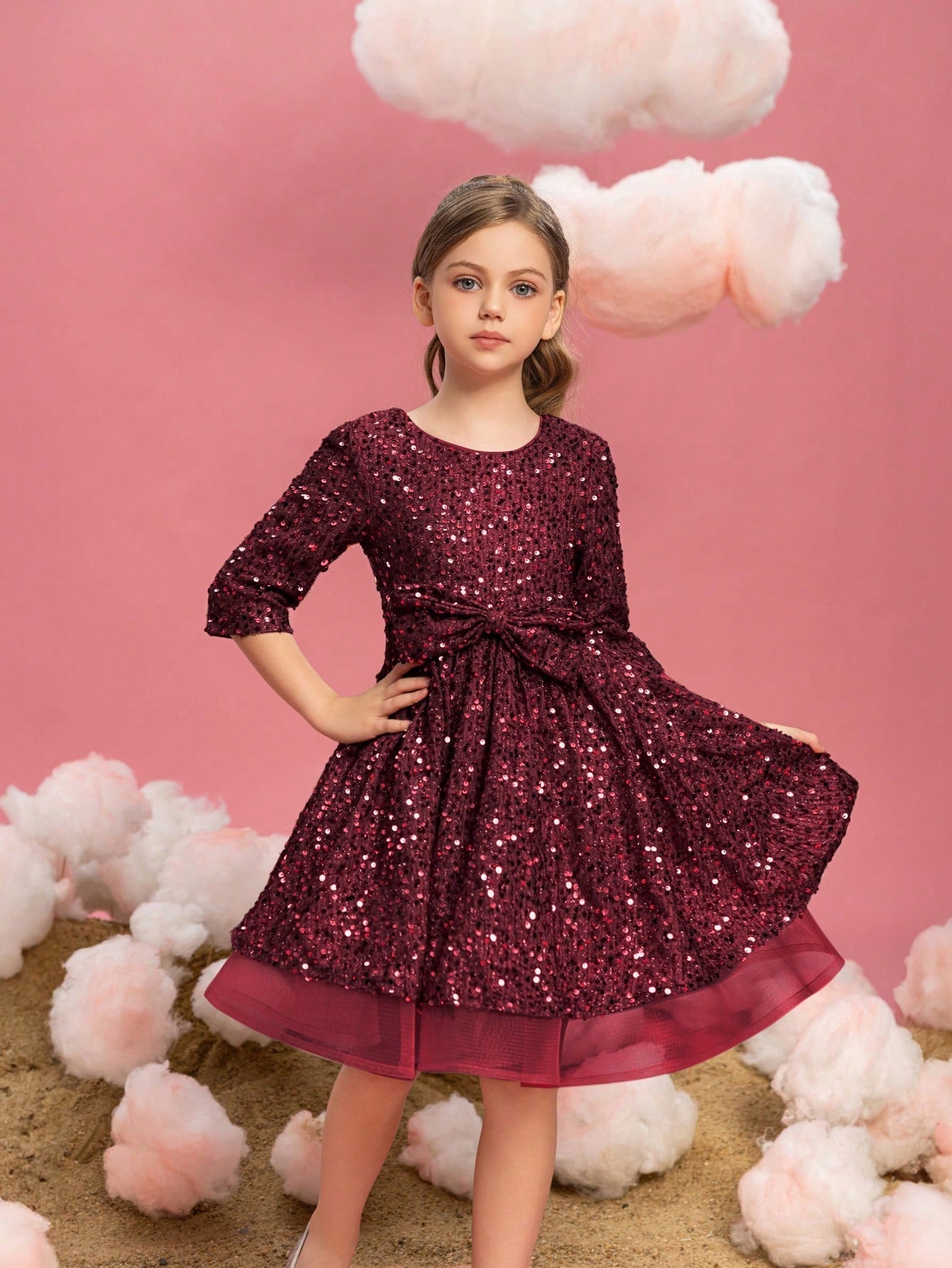 Additional product view of Three-Quarter-Sleeve Bow Detail Sequin A-Line Midi Tween Girls' Party Dress