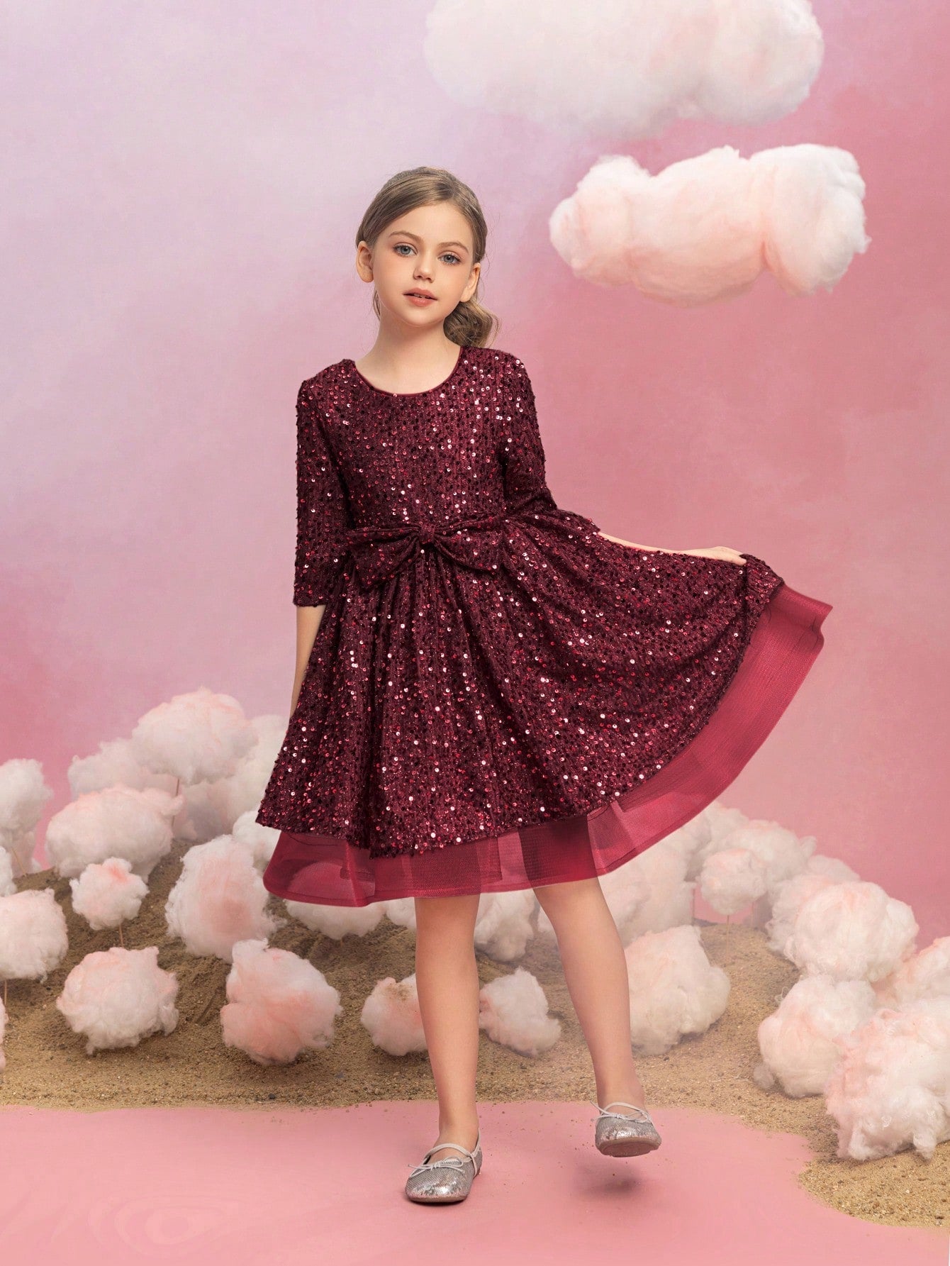 Additional product view of Three-Quarter-Sleeve Bow Detail Sequin A-Line Midi Tween Girls' Party Dress