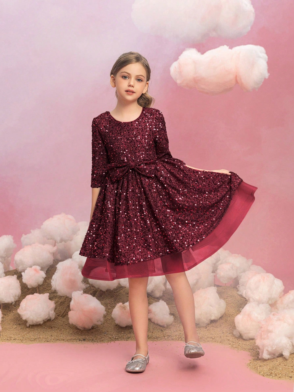Additional product view of Three-Quarter-Sleeve Bow Detail Sequin A-Line Midi Tween Girls' Party Dress