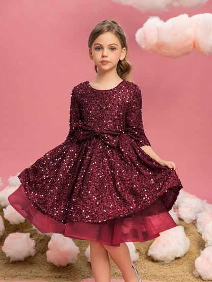 Additional product view of Three-Quarter-Sleeve Bow Detail Sequin A-Line Midi Tween Girls' Party Dress