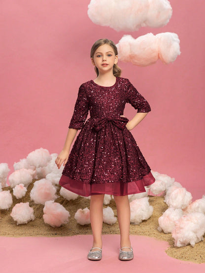 Additional product view of Three-Quarter-Sleeve Bow Detail Sequin A-Line Midi Tween Girls' Party Dress