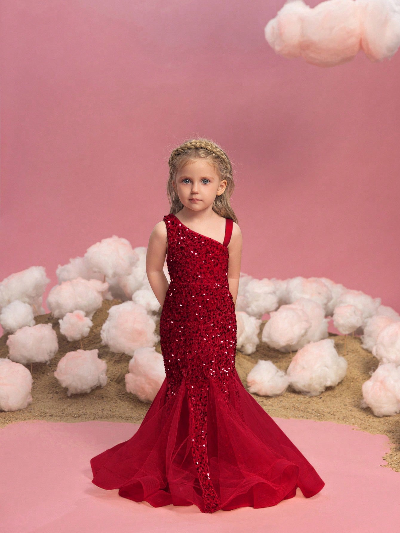 Additional product view of Mesh Insert Mermaid Hem One-Shoulder Sequin Sleeveless Young Girls' Party Dress