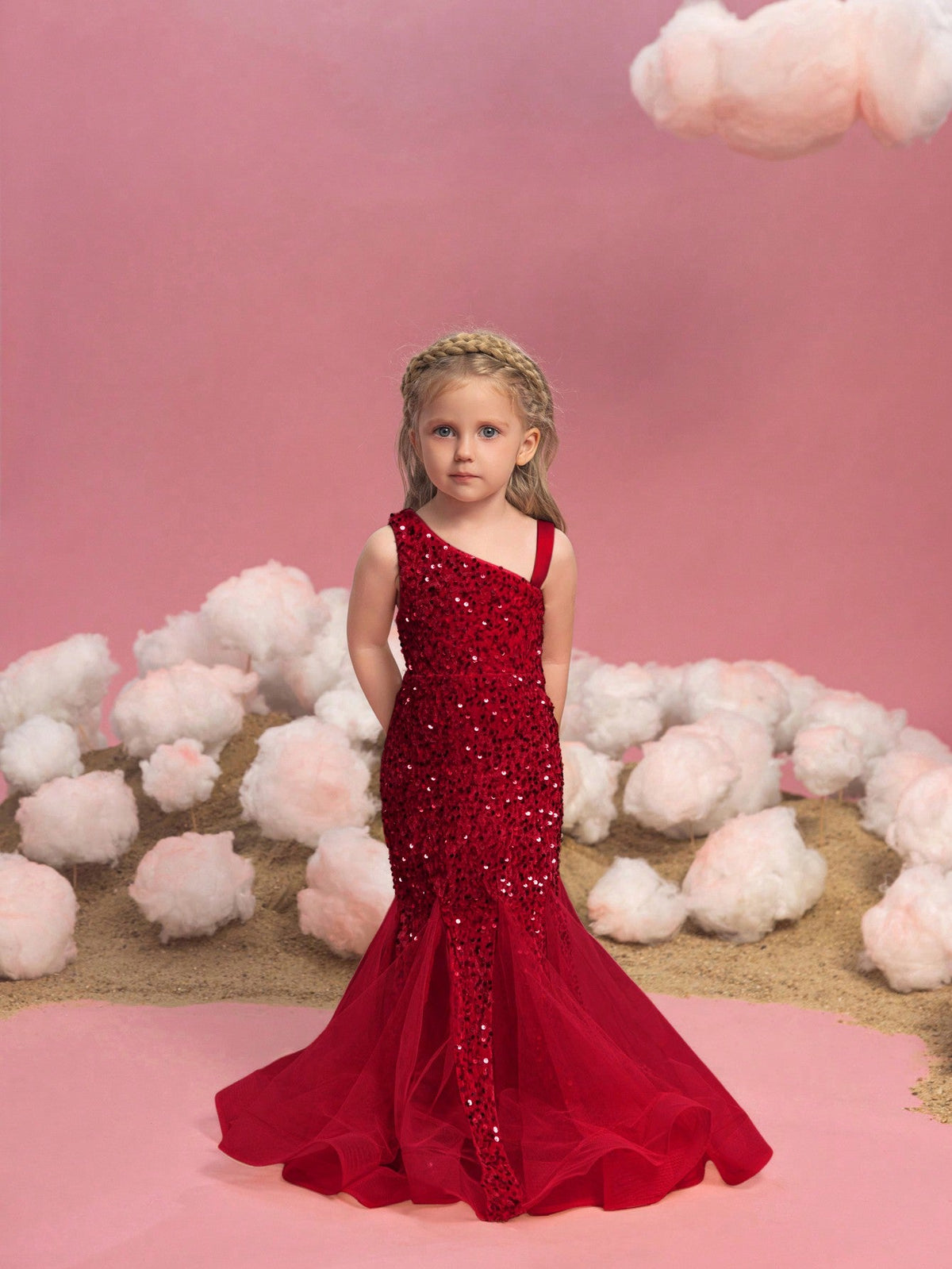 Additional product view of Mesh Insert Mermaid Hem One-Shoulder Sequin Sleeveless Young Girls' Party Dress
