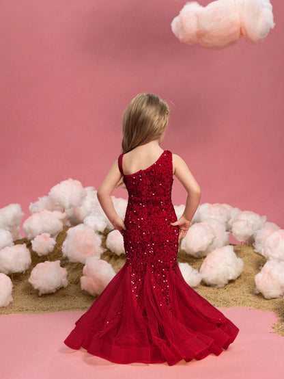 Additional product view of Mesh Insert Mermaid Hem One-Shoulder Sequin Sleeveless Young Girls' Party Dress