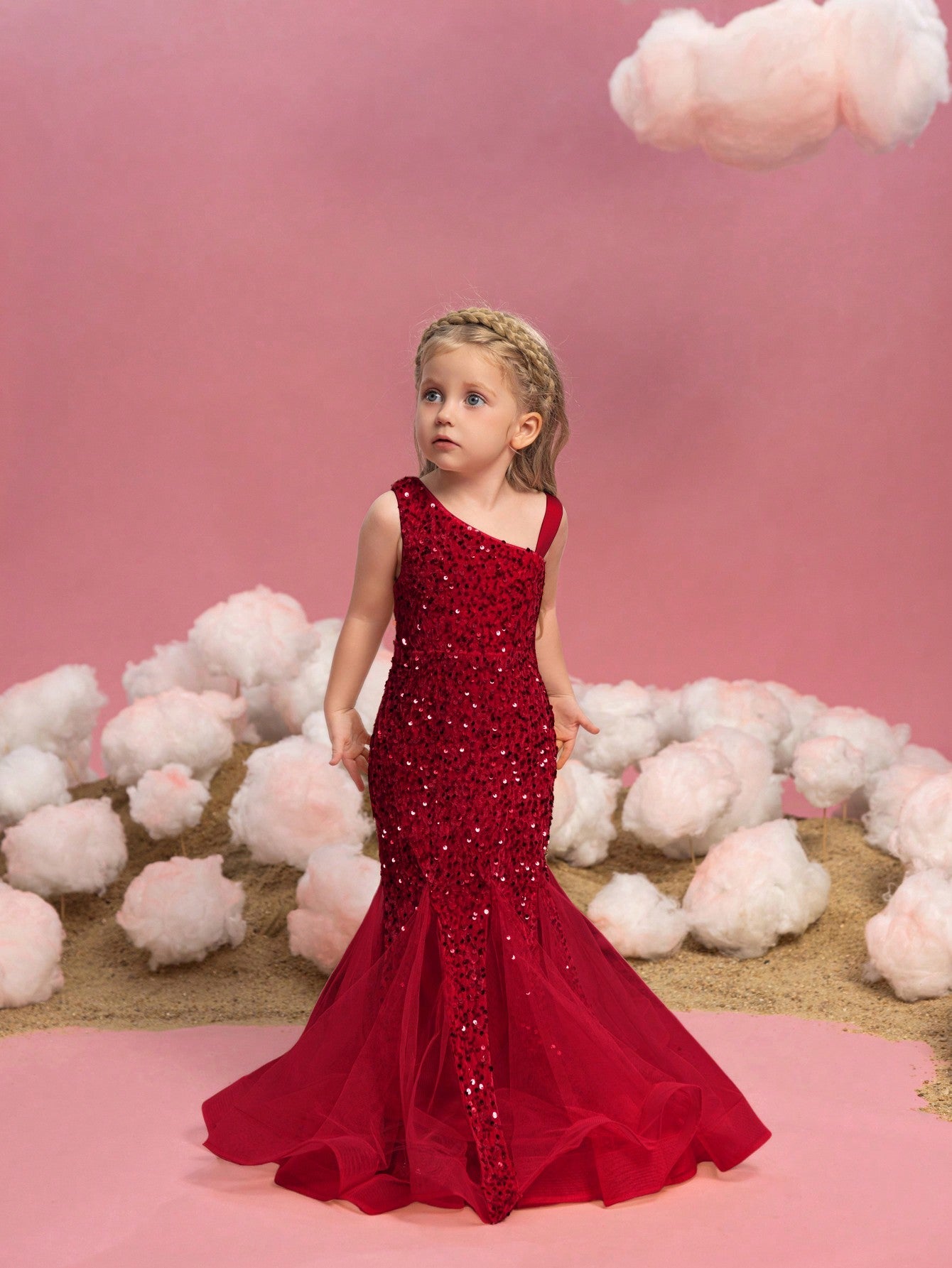 Additional product view of Mesh Insert Mermaid Hem One-Shoulder Sequin Sleeveless Young Girls' Party Dress