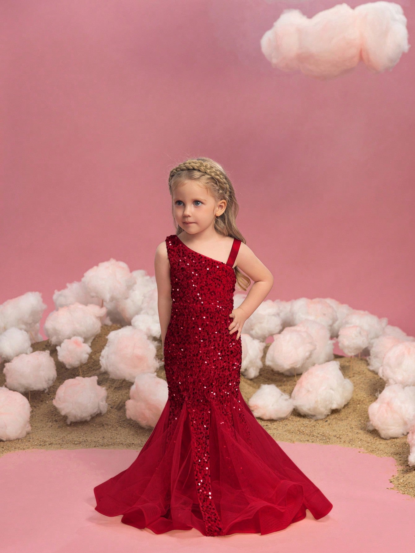 Additional product view of Mesh Insert Mermaid Hem One-Shoulder Sequin Sleeveless Young Girls' Party Dress