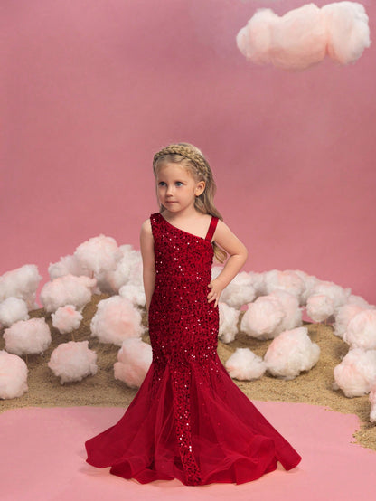 Additional product view of Mesh Insert Mermaid Hem One-Shoulder Sequin Sleeveless Young Girls' Party Dress