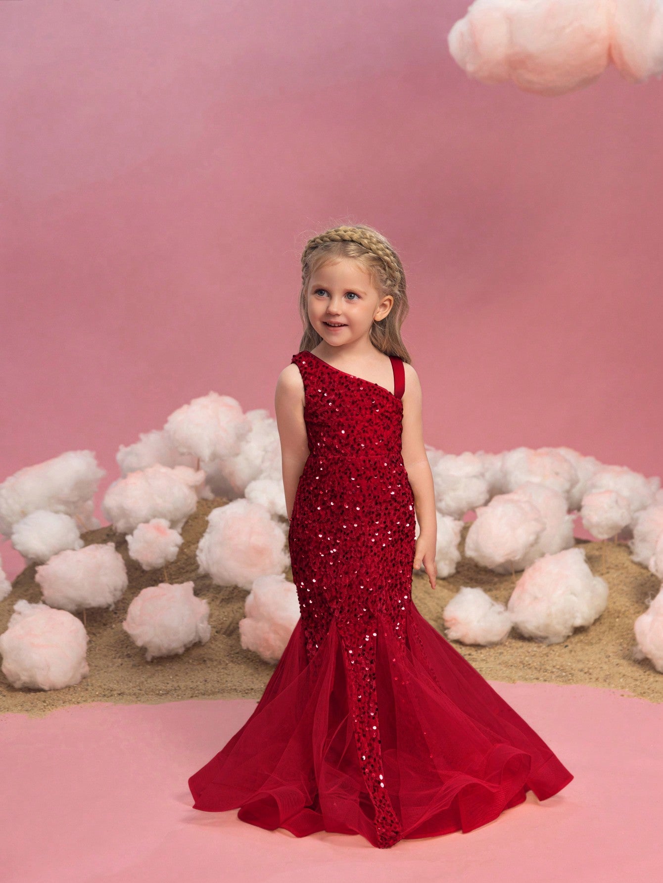 Additional product view of Mesh Insert Mermaid Hem One-Shoulder Sequin Sleeveless Young Girls' Party Dress