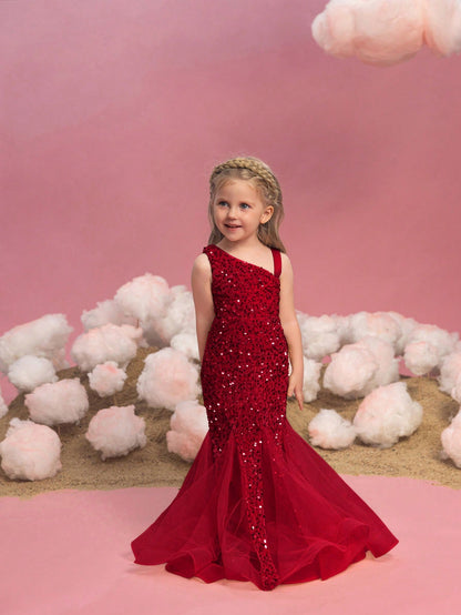 Additional product view of Mesh Insert Mermaid Hem One-Shoulder Sequin Sleeveless Young Girls' Party Dress