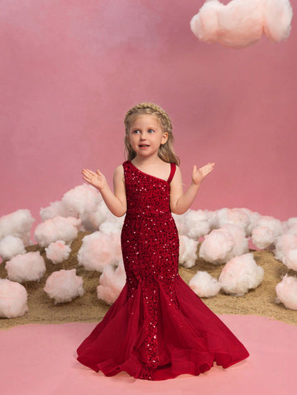 Alternate view of Mesh Insert Mermaid Hem One-Shoulder Sequin Sleeveless Young Girls' Party Dress in Red