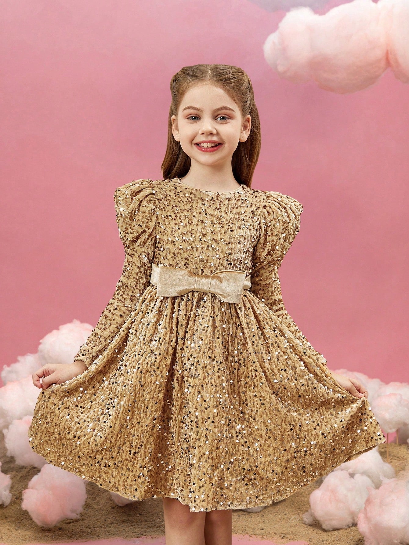 Additional product view of Mock-Neck Sequin A-Line Long-Sleeve Midi Tween Girls' Party Dress