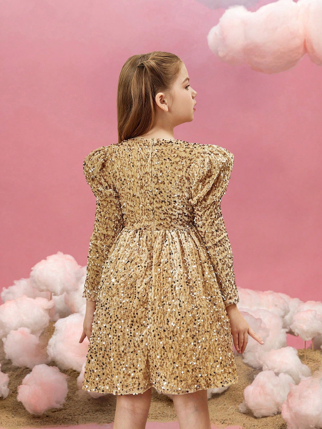 Additional product view of Mock-Neck Sequin A-Line Long-Sleeve Midi Tween Girls' Party Dress