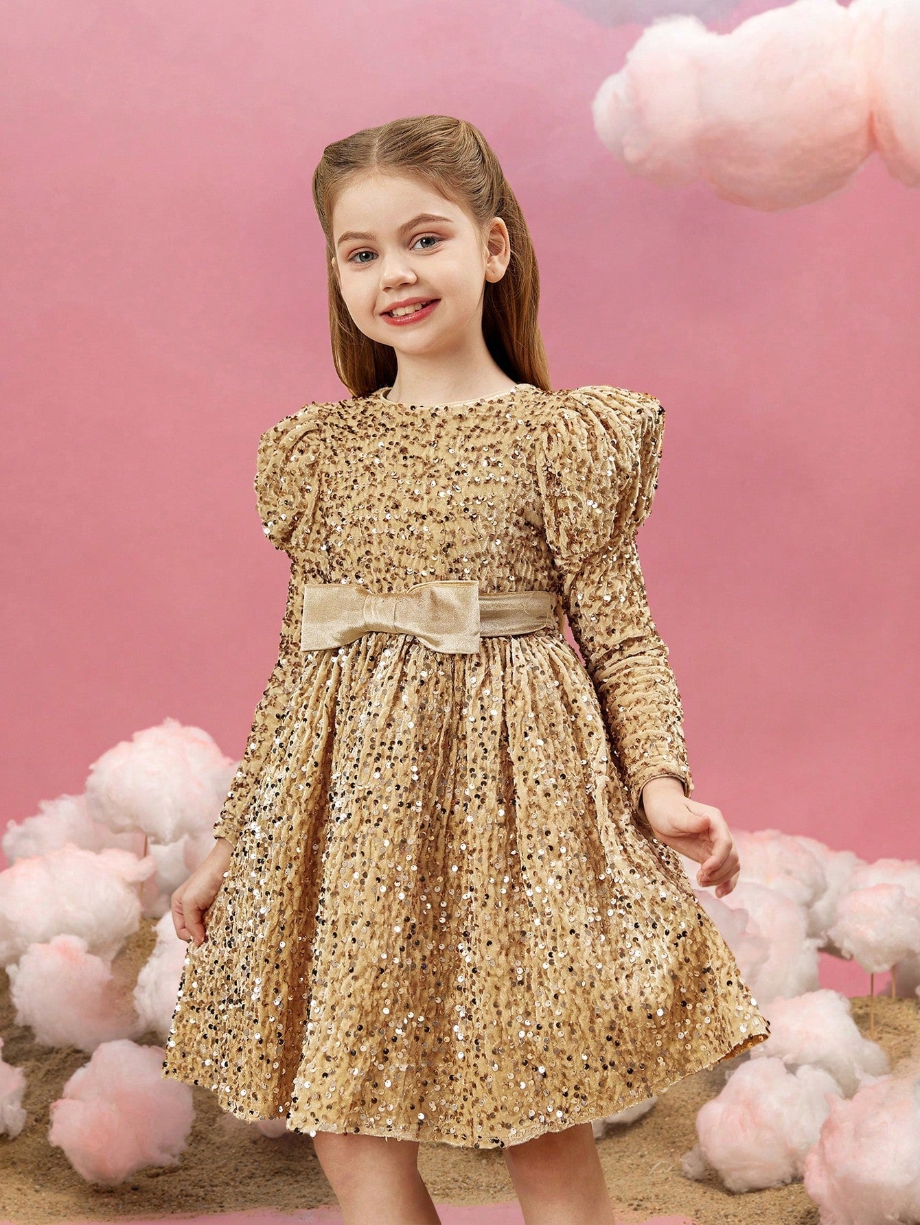 Additional product view of Mock-Neck Sequin A-Line Long-Sleeve Midi Tween Girls' Party Dress