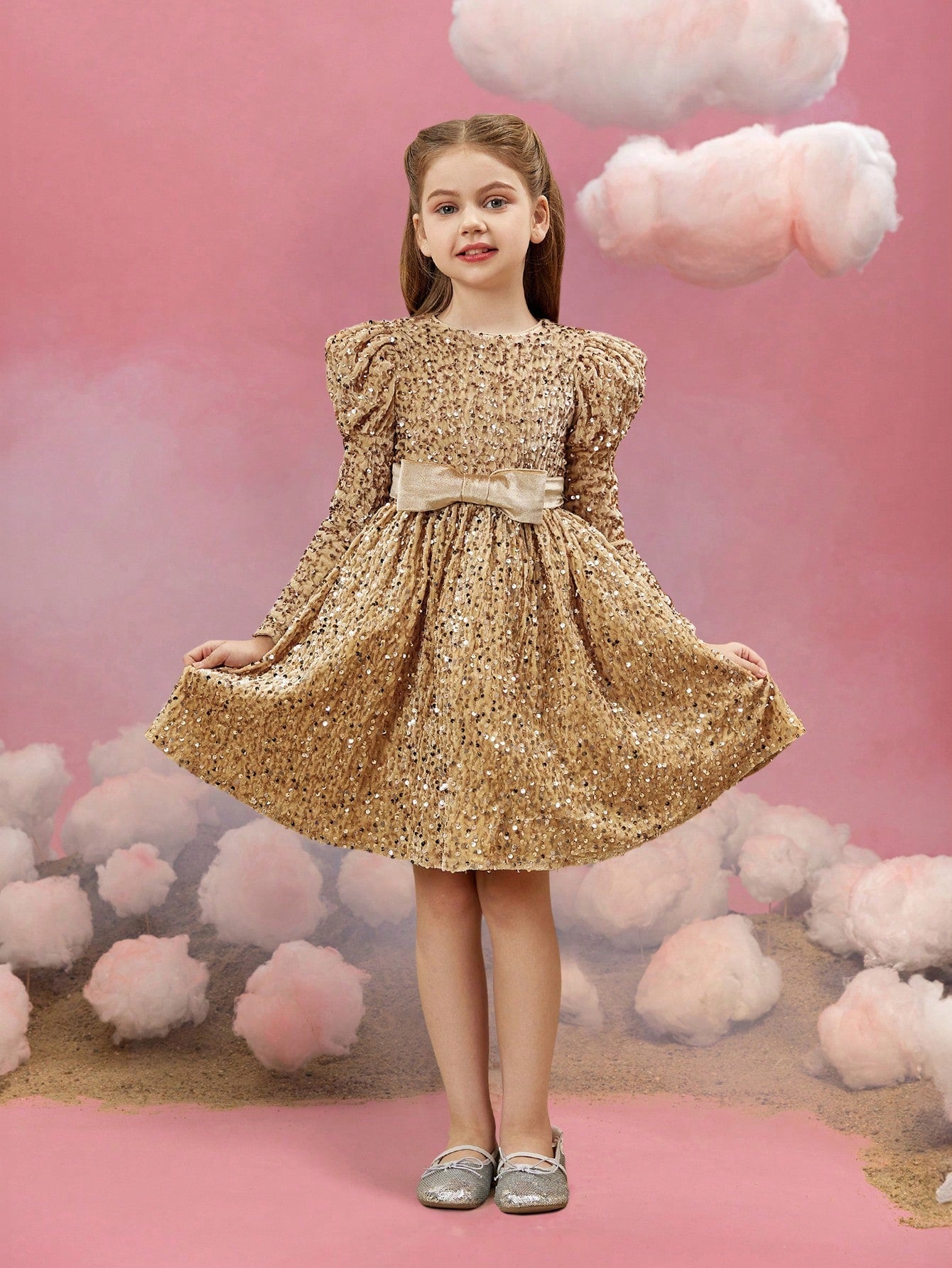Additional product view of Mock-Neck Sequin A-Line Long-Sleeve Midi Tween Girls' Party Dress