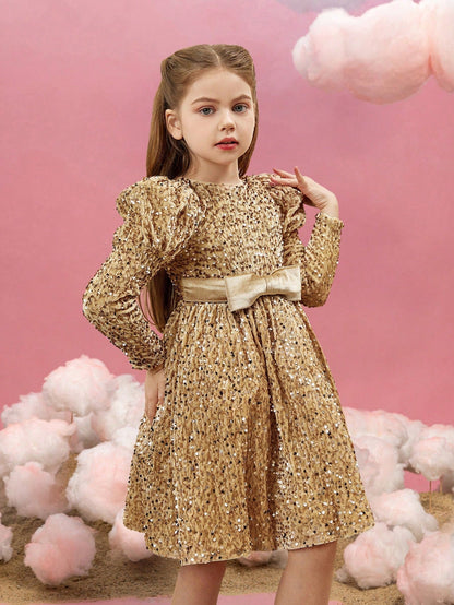 Additional product view of Mock-Neck Sequin A-Line Long-Sleeve Midi Tween Girls' Party Dress