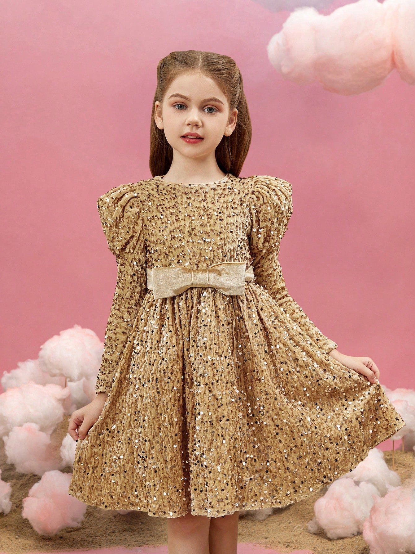 Additional product view of Mock-Neck Sequin A-Line Long-Sleeve Midi Tween Girls' Party Dress