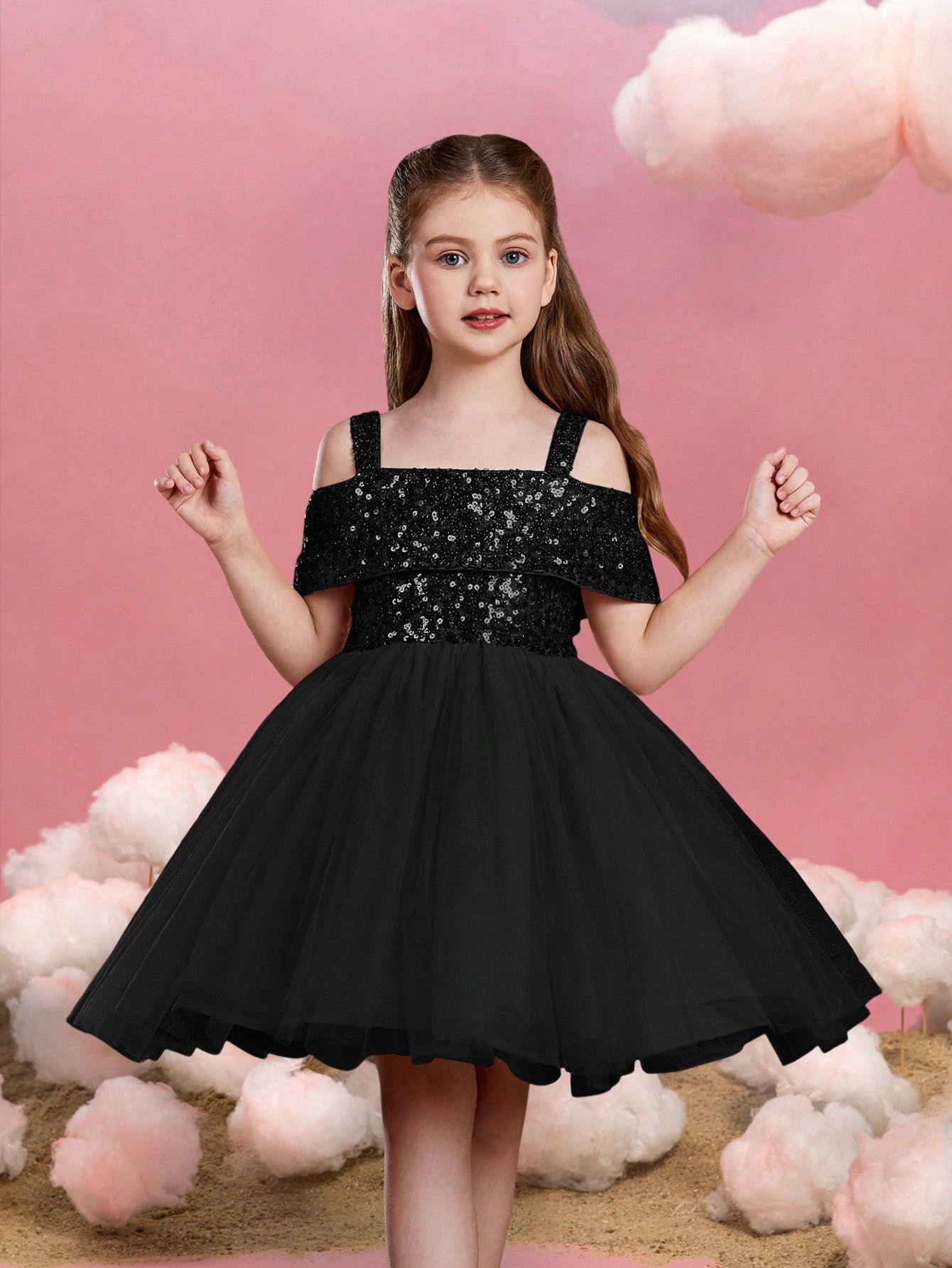 Alternate view of Off-Shoulder Sequin A-Line Short-Sleeve Midi Tween Girls' Party Dress in Black