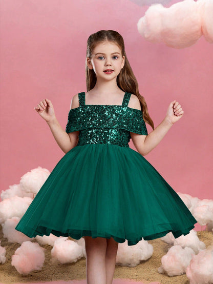 Alternate view of Off-Shoulder Sequin A-Line Short-Sleeve Midi Tween Girls' Party Dress in Dark Green