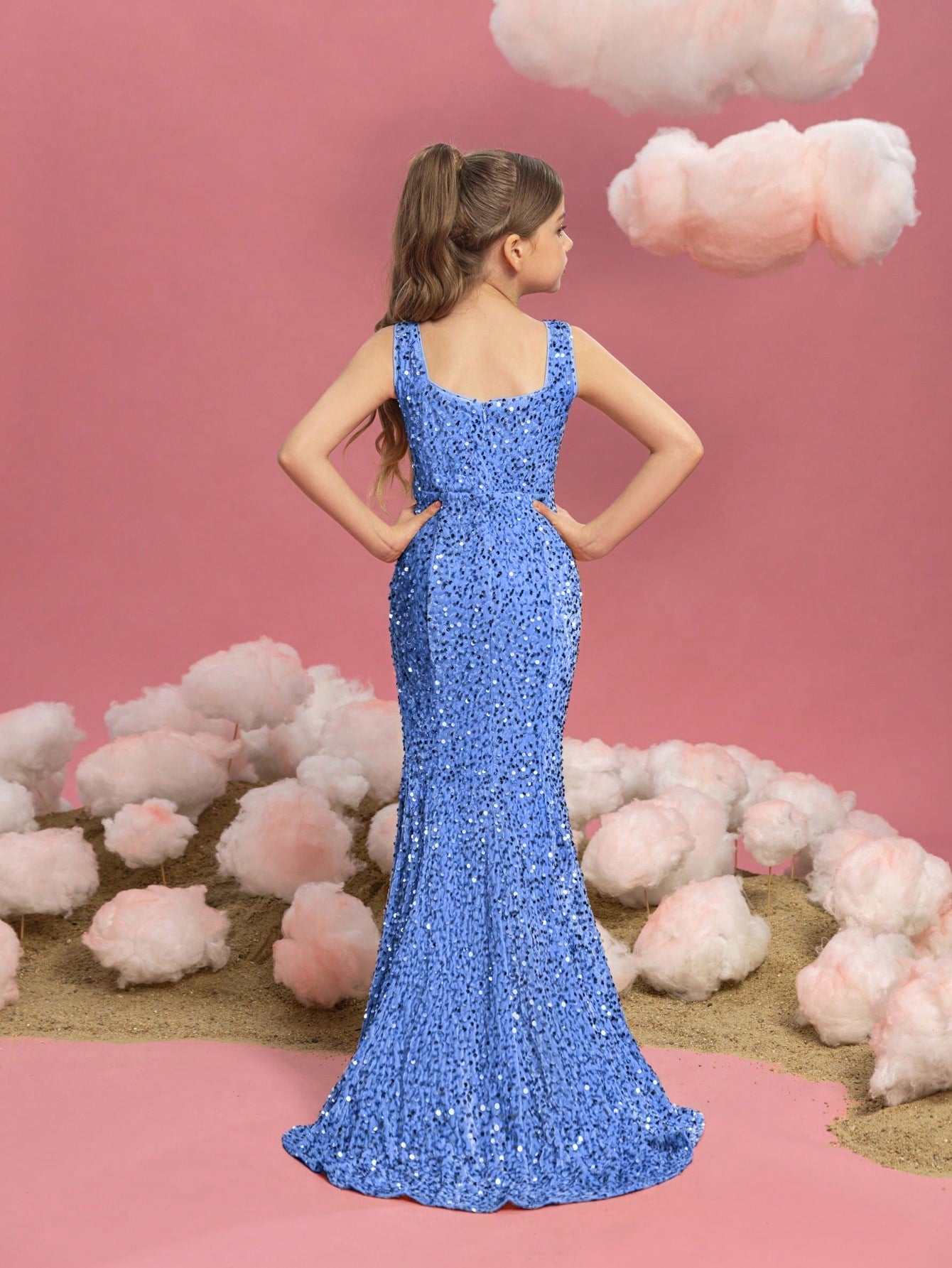 Additional product view of Mermaid Hem Square-Neck Sequin Sleeveless Maxi Tween Girls' Party Dress