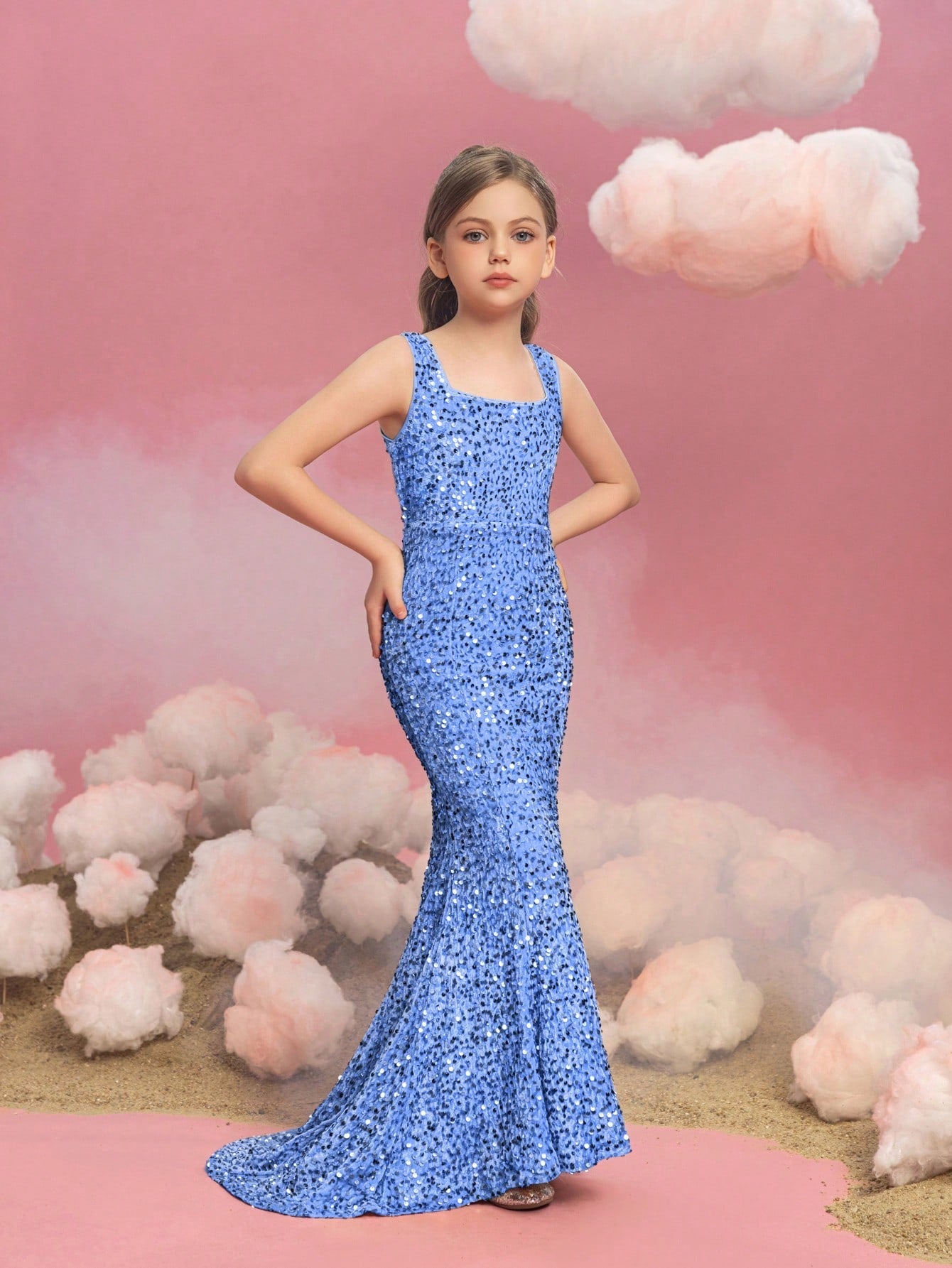 Additional product view of Mermaid Hem Square-Neck Sequin Sleeveless Maxi Tween Girls' Party Dress