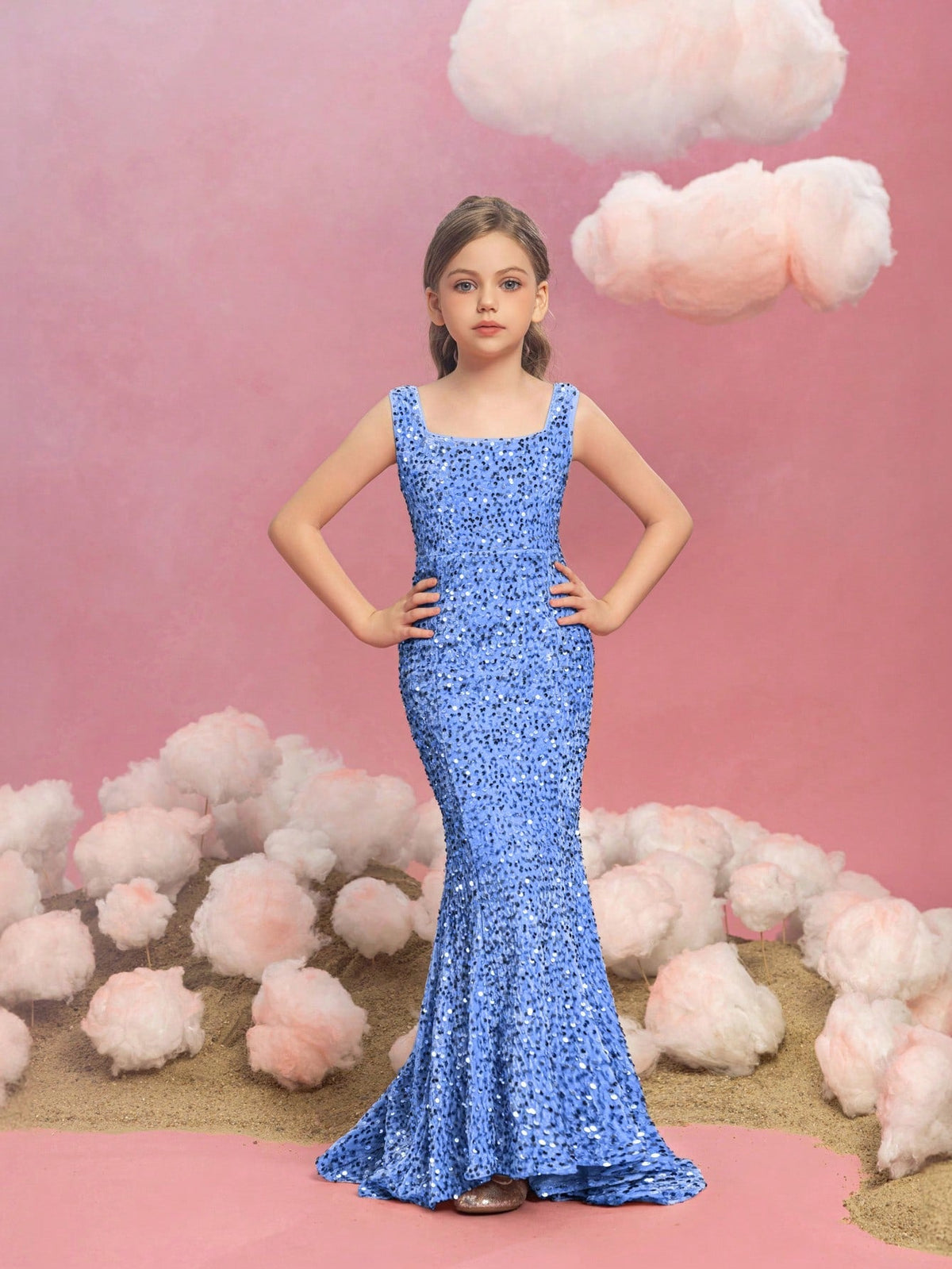 Alternate view of Mermaid Hem Square-Neck Sequin Sleeveless Maxi Tween Girls' Party Dress in Blue