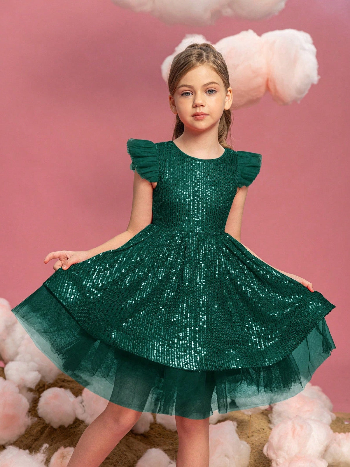 Alternate view of Cap-Sleeve Sequin A-Line Midi Tween Girls' Party Dress in Dark Green