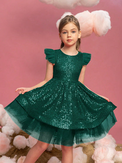 Alternate view of Cap-Sleeve Sequin A-Line Midi Tween Girls' Party Dress in Dark Green