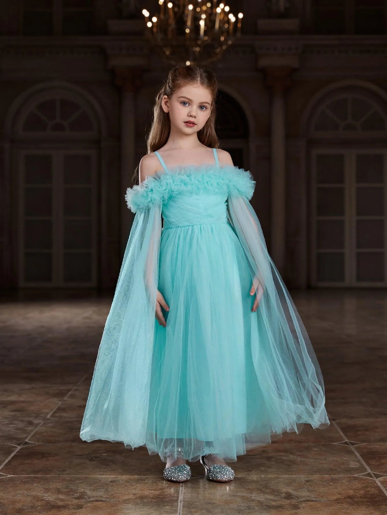 Additional product view of Ruffle Trim Off-Shoulder A-Line Long-Sleeve Mesh Tween Girls' Party Dress