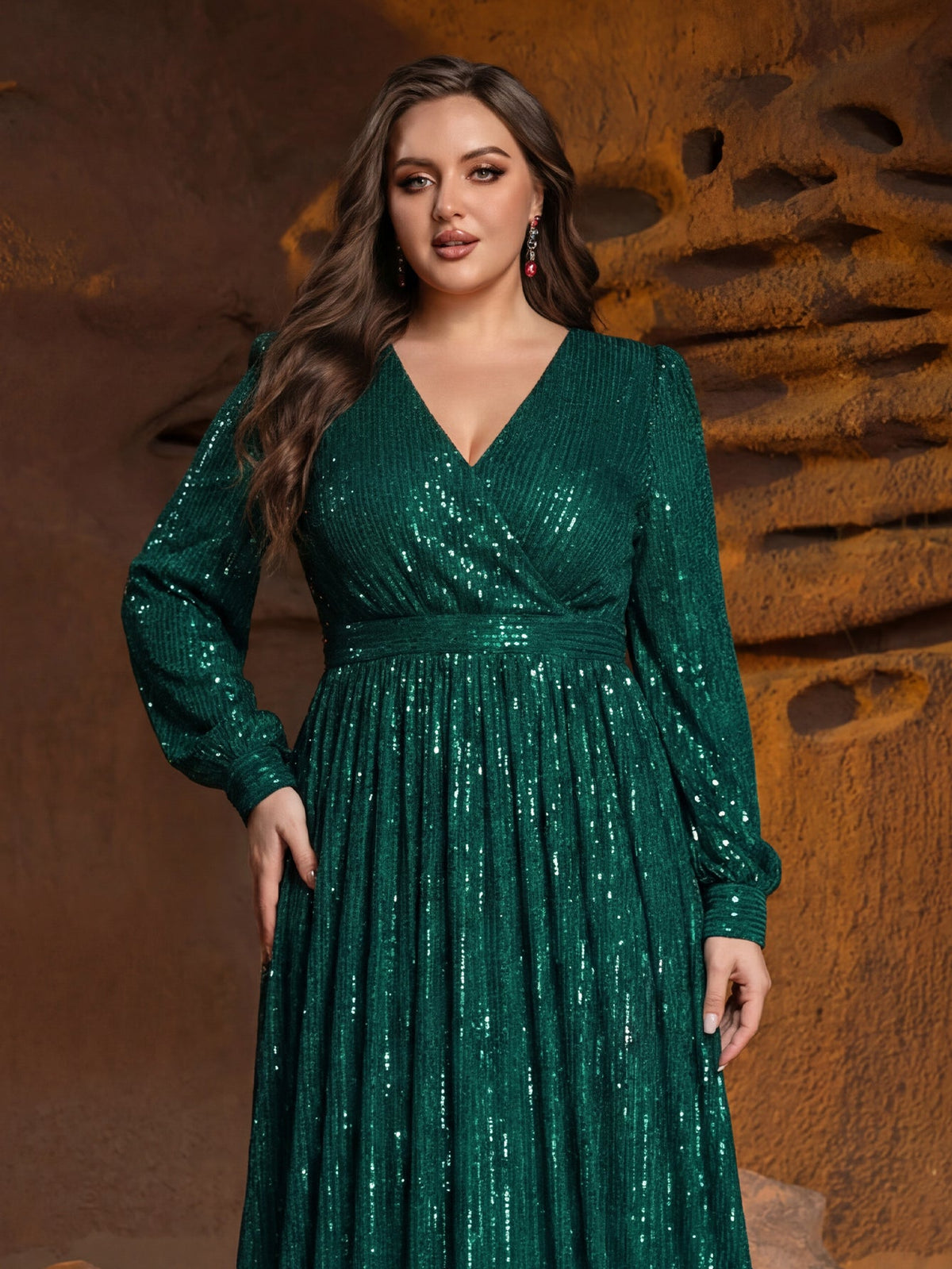 Plus V Neck Lantern Sleeve Sequin A Line Dresses