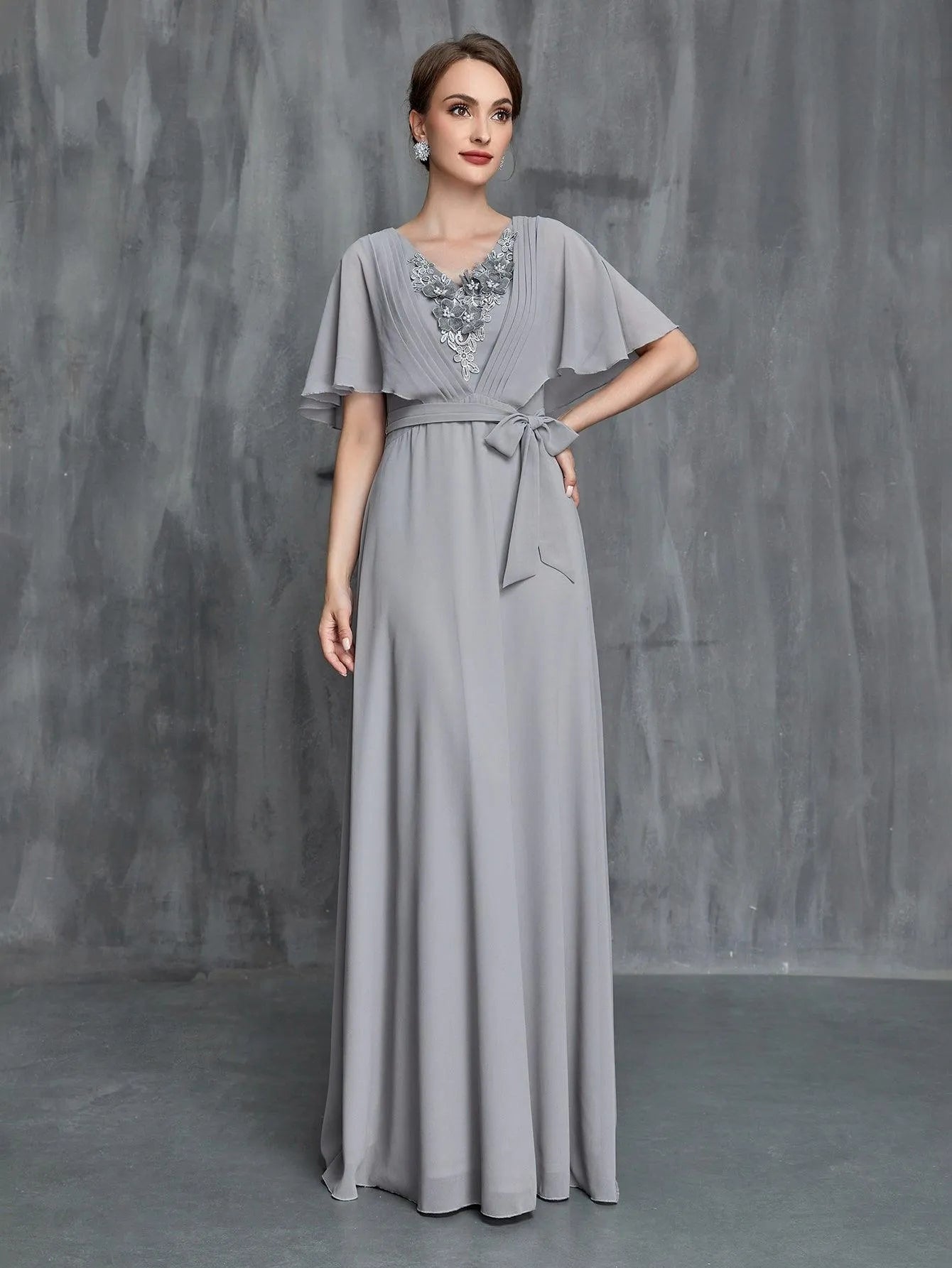 Additional product view of Belted Chiffon V-Neck Short-Sleeve A-Line Mother-of-the-Bride Dress