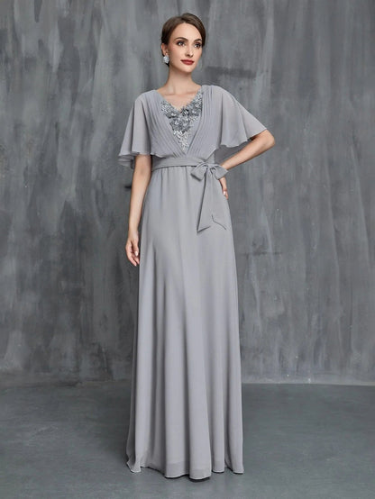 Additional product view of Belted Chiffon V-Neck Short-Sleeve A-Line Mother-of-the-Bride Dress