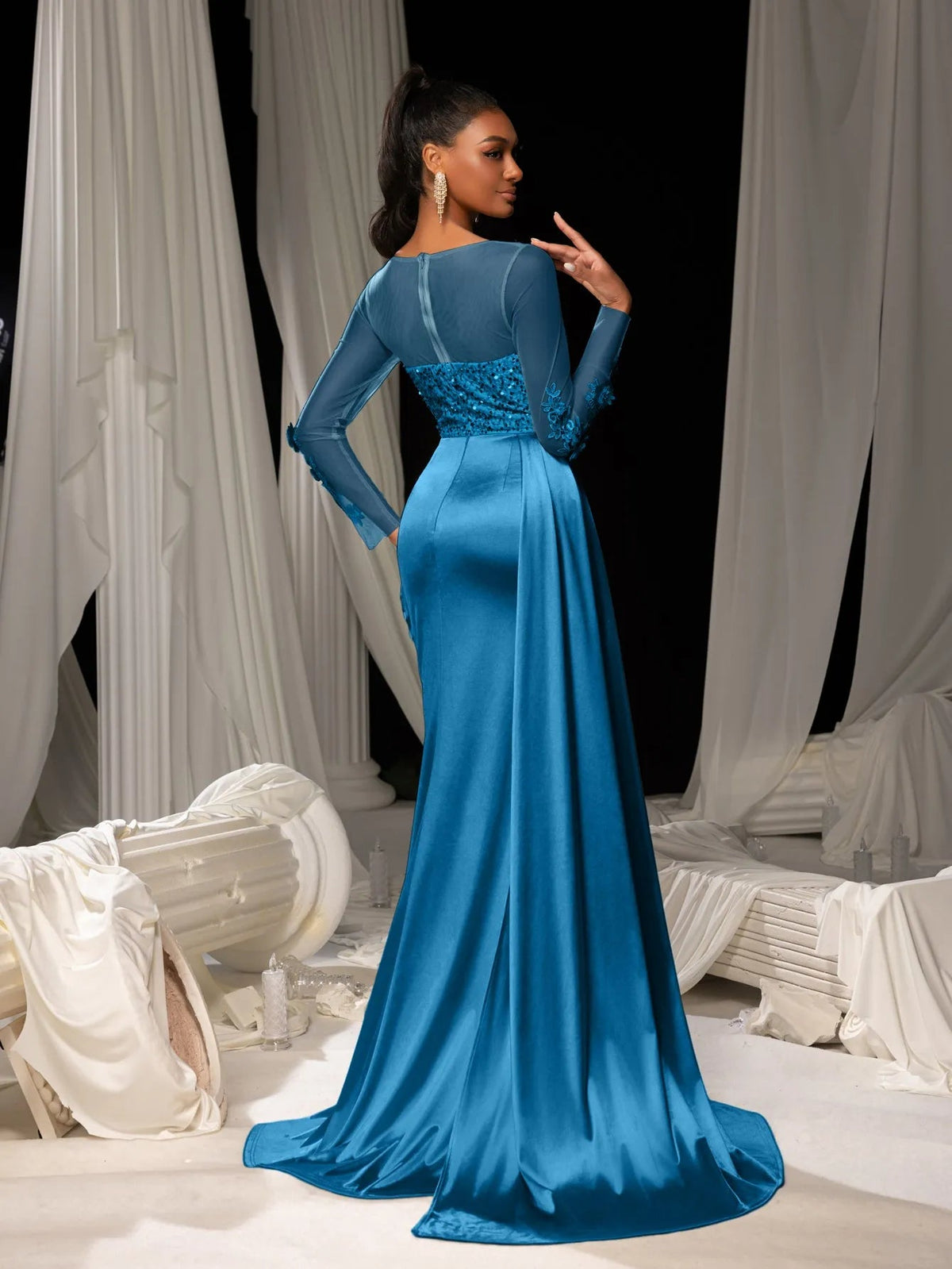 Additional view of Sequin Bodice Sheer Sleeve Mermaid Hem Satin Evening Dress
