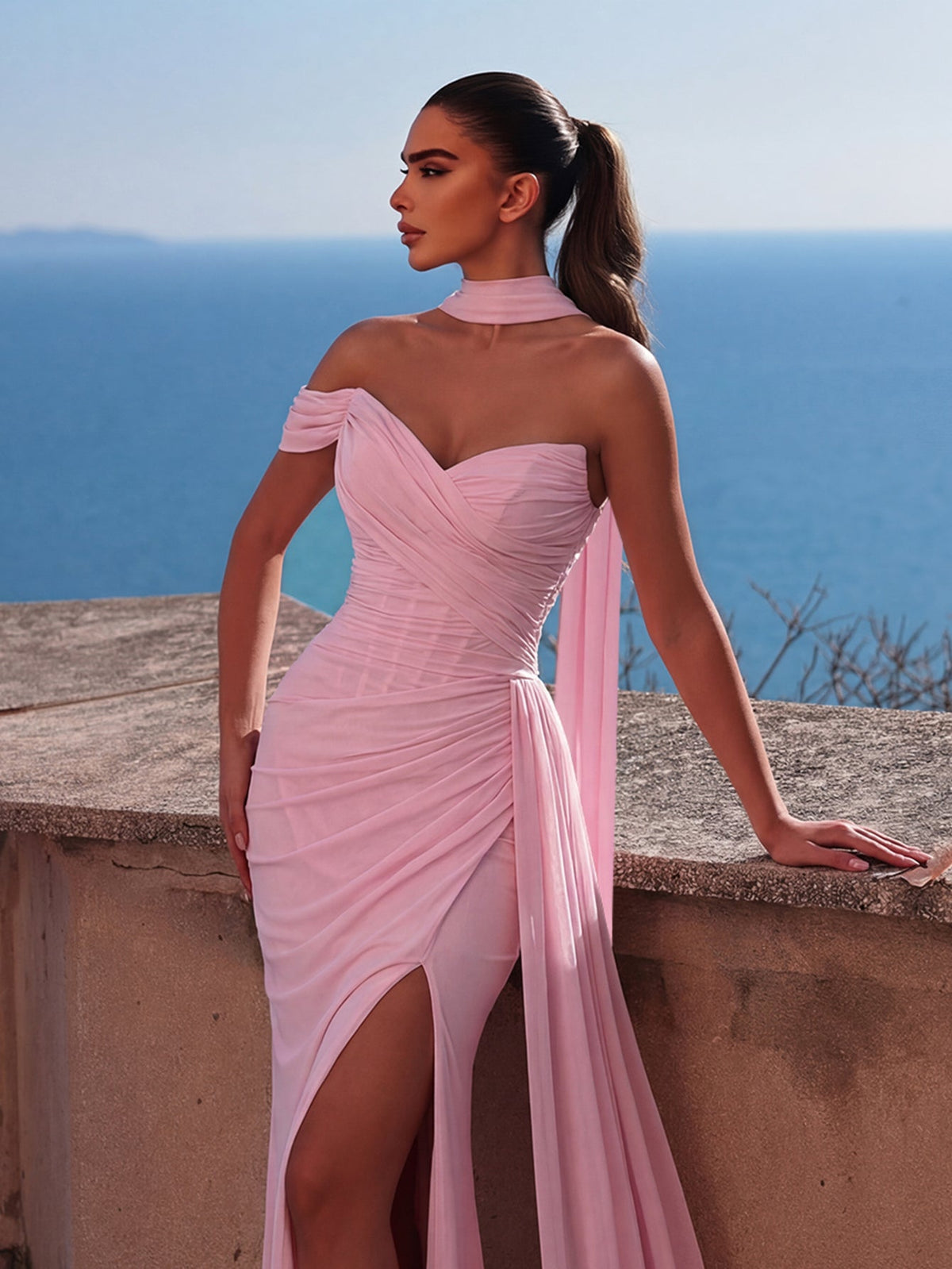 Additional product view of Lace-Up High-Slit Strapless Mermaid Sleeveless Evening Gown