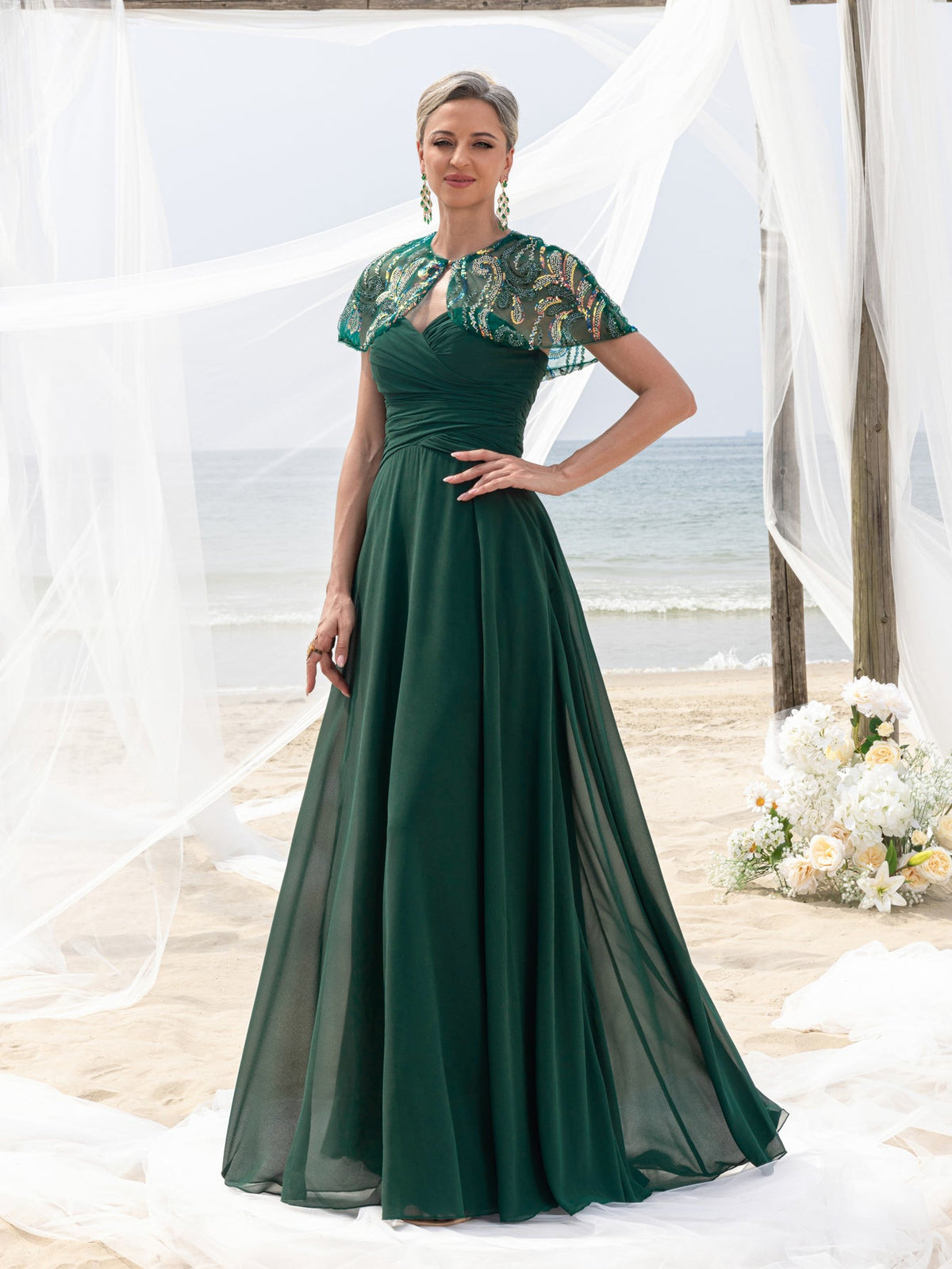 Women's Elegant Mother-of-the-Bride Gown Sets: Multicolor Sequin Cape & Strapless Chiffon Maxi Dress
