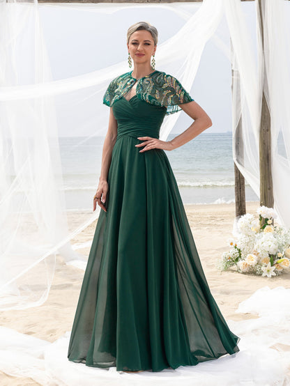 Women's Elegant Mother-of-the-Bride Gown Sets: Multicolor Sequin Cape & Strapless Chiffon Maxi Dress