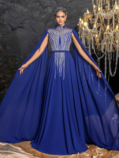 Elegant Chiffon Evening Gown with Beaded Sequin Embroidery Vertical Stripes, Cape-Style Sleeves, Flowy Skirt and Waist Belt Accent