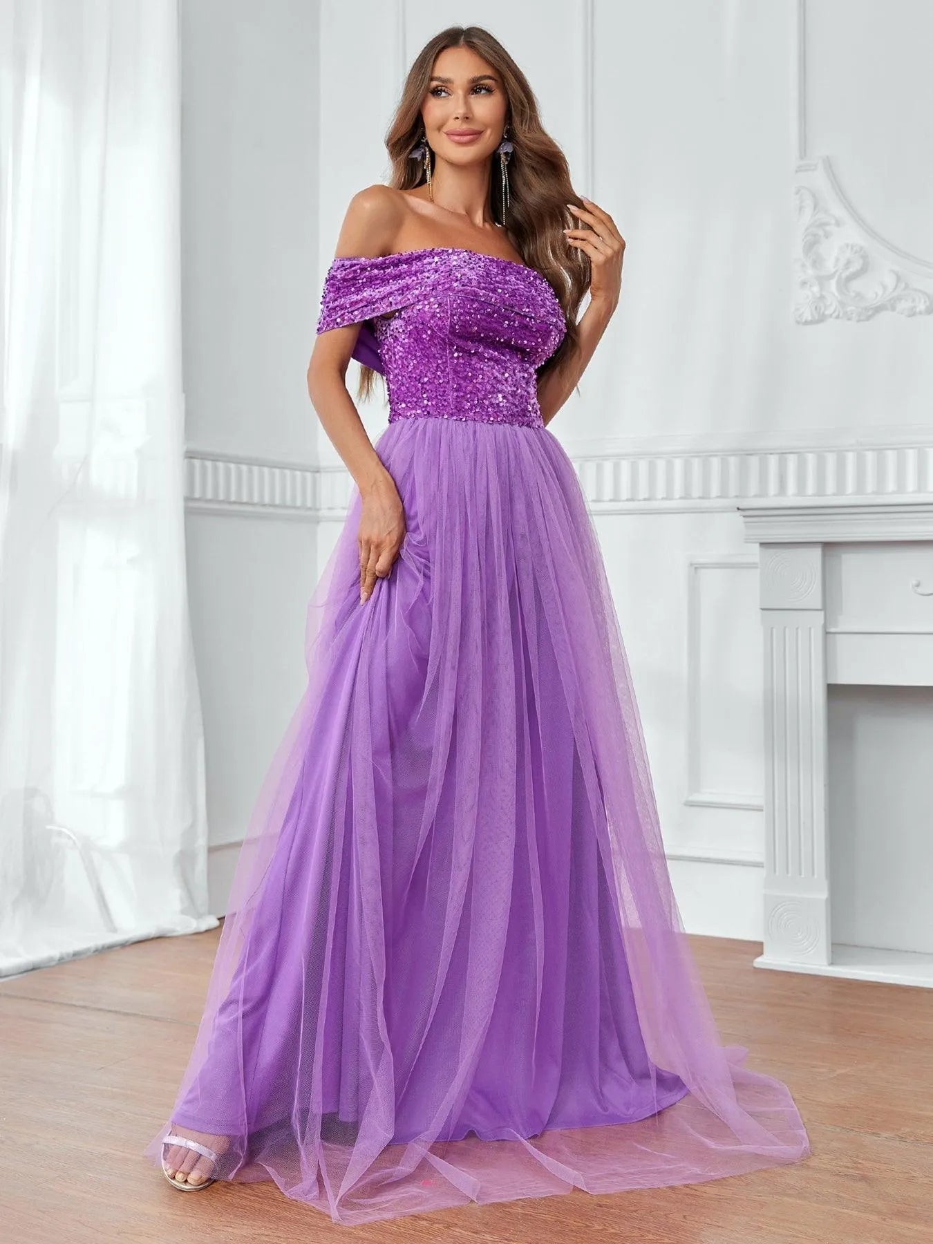Off-Shoulder Sequin Bodice Mesh Hem Dress – view 4