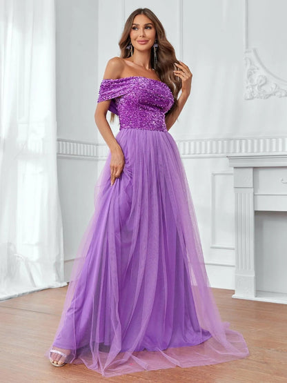 Off-Shoulder Sequin Bodice Mesh Hem Dress – view 4