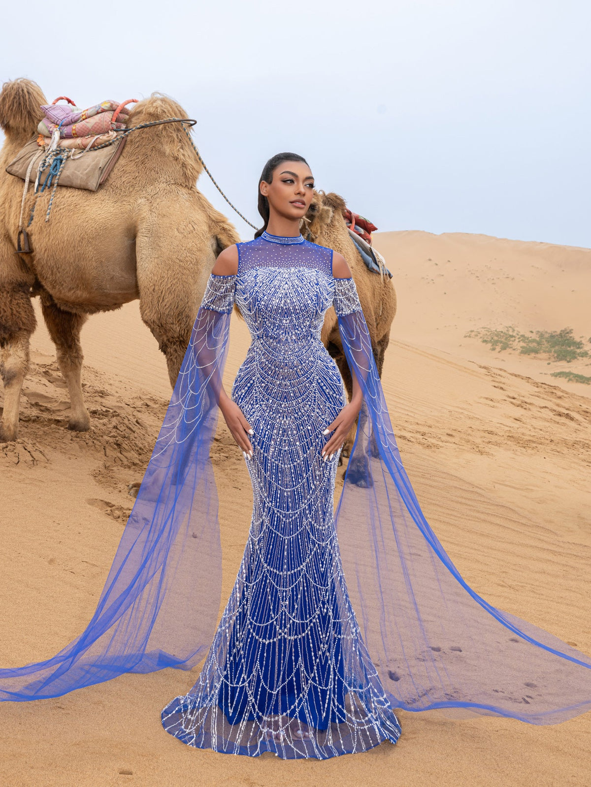 Luxury Gorgeous Rhinestone Detail Cape Sleeves Mermaid Hem Beaded Seuqin Evening Dress – view 16