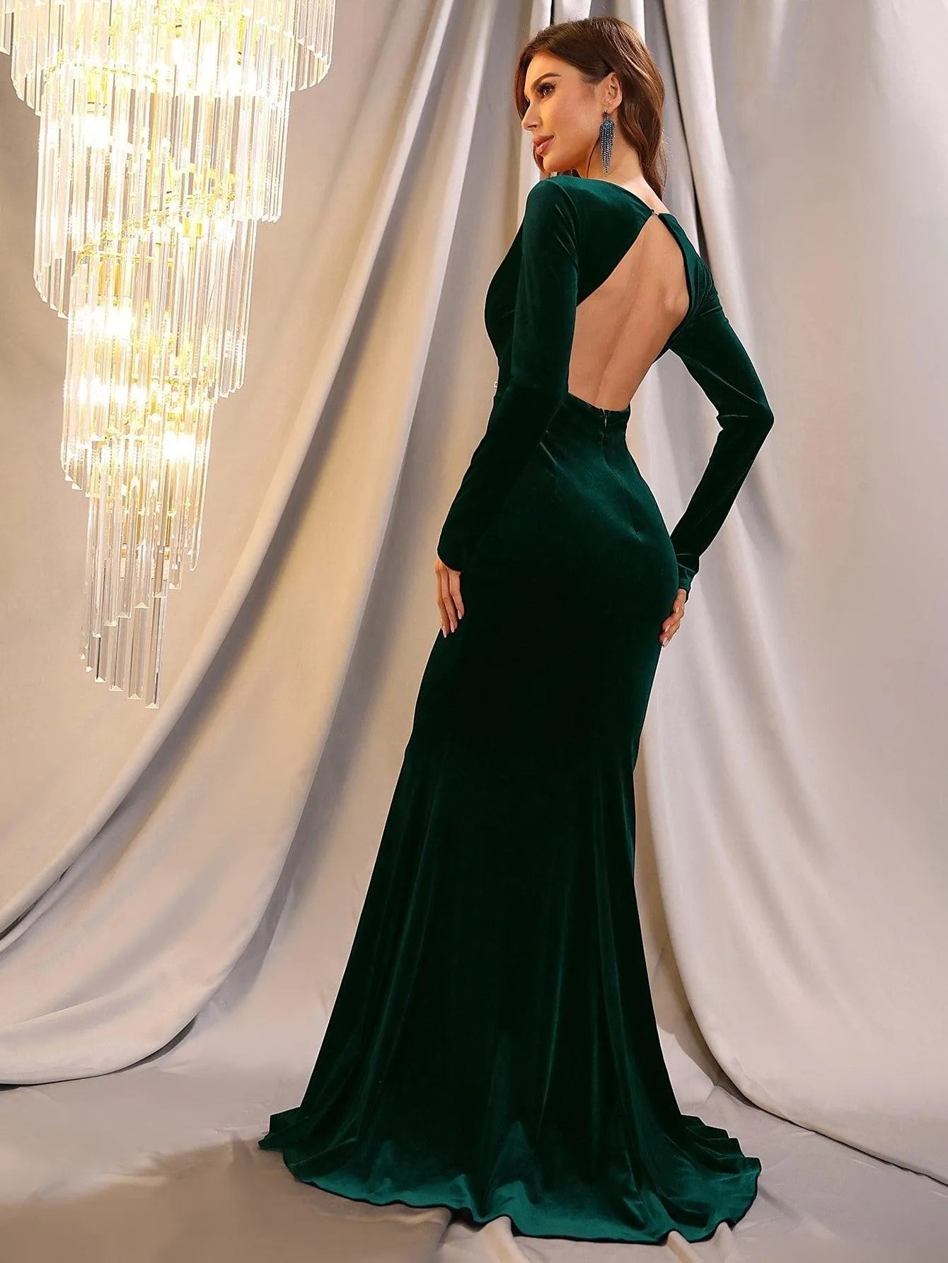 Plunging Velvet Long-Sleeve Mermaid Evening Gown — authorized product image 2